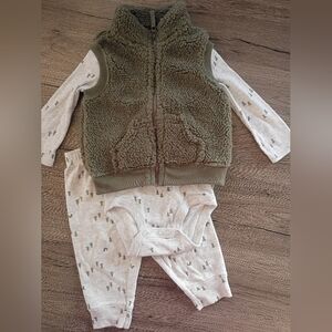 Cozy Olive Green Sherpa Vest with Tree Print Onesie Set